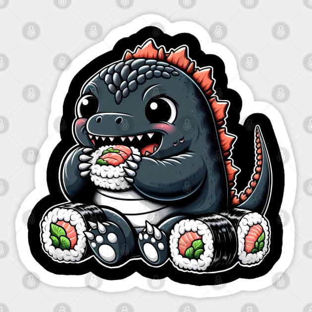 Cute Godzilla eating Sushi Sticker by cowyark rubbark